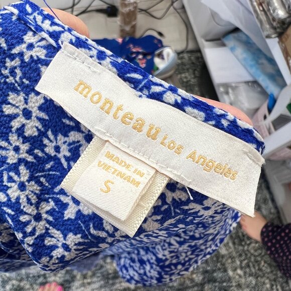 Monteau Floral Ruffle Sleeve Wrap Peplum Blouse Blue White Size Small - Picture 8 of 11